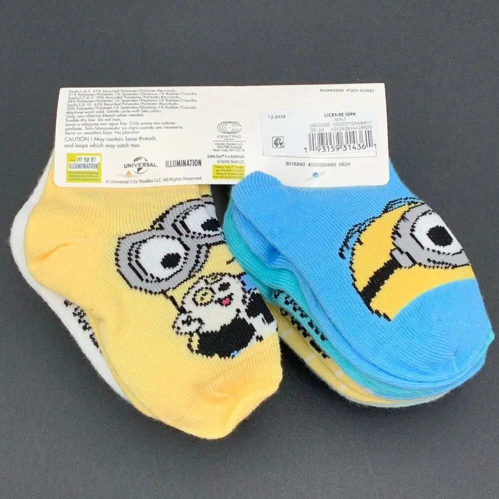 Minions Toddler Ankle Socks 10-Pack Size 12-24‎ Months Cotton Blend Multicolor